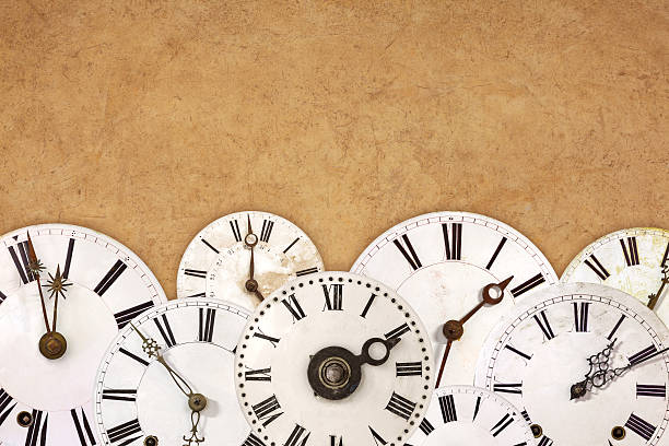 istock Set of vintage white clock faces against an old background 179766013