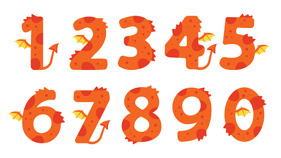 Set of cartoon numbers stylized as a dragon. Dragon is a symbol of the year. Suitable for greeting cards, banners, flyers, postcards, birthday party designs, etc.
