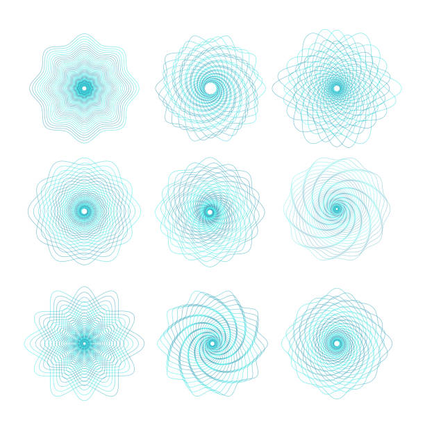 wasserzeichen guillochierte rosettenelemente gesetzt. digitales wasserzeichen für sicherheitspapiere. lineare vektor-illustration. wird als schutzschicht für zertifikat, gutschein, banknoten, währung, banknote, scheck verwendet - lace guilloche decoration circle stock-grafiken, -clipart, -cartoons und -symbole