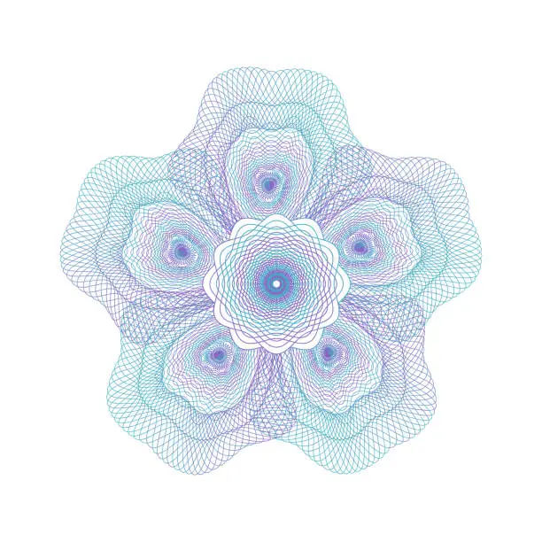 Vector illustration of Guilloche rosette complicated element in flower shape style. Isolated template for the protection of securities, an ornament in the form of wavy curly lines in the form of a floral petals. Vector.