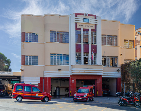 Fire vehicles outside the Art Deco facade of the Gibraltar Fire Station.