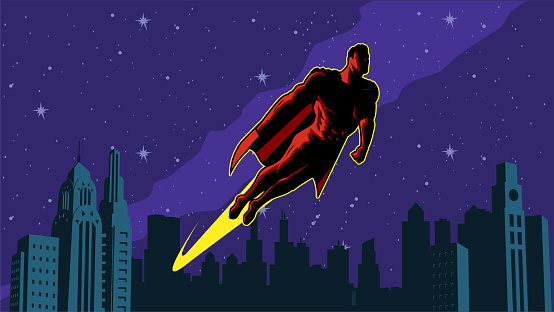 A silhouette style retro vintage vector illustration of a superhero flying with a city skyline in the background. Easy to grab and edit. Wide space available for your copy.