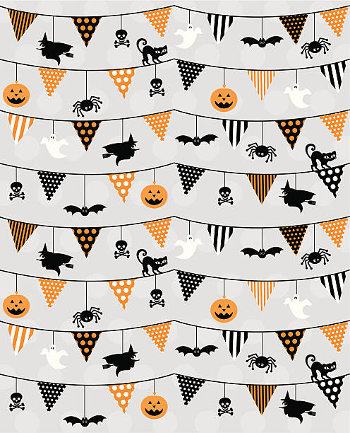 Halloween Bunting & Icons Pattern Bunting with Halloween characters in a pattern. With stripes & polka dots in orange & black colours. Cats, witches, spiders, bats & jack o lanterns. On a grey polka dot background. halloween patterns stock illustrations
