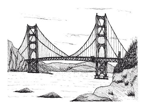 Black and white drawing of the American Golden Gate Bridge