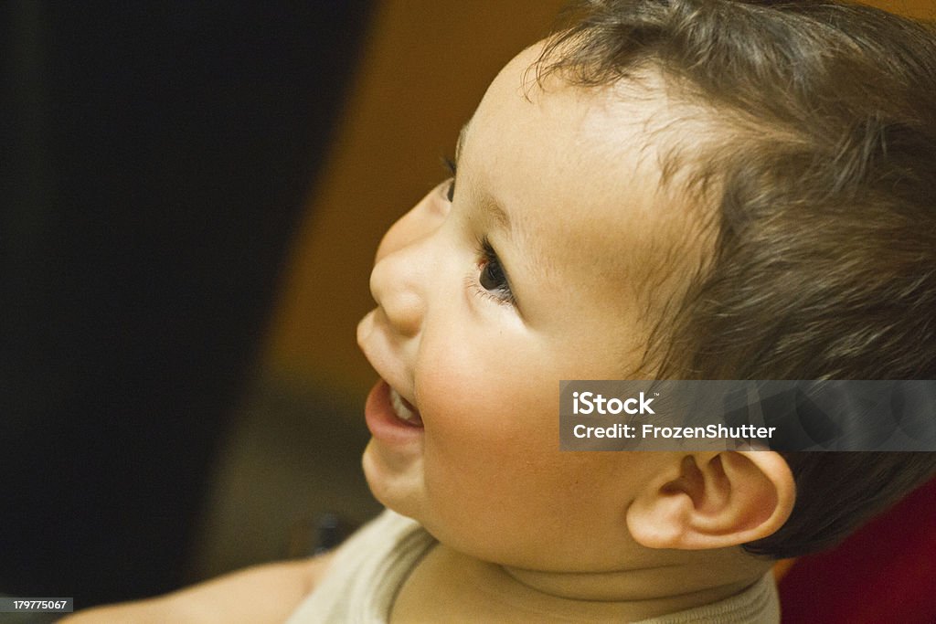 Toddler boy sitting on a stroller smiling Baby - Human Age Stock Photo