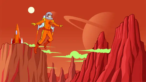 Vector illustration of Vector Retro Vintage Female Astronaut Exploring a Planet on a Jetpack Stock Illustration