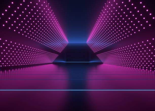 3d-neonlichteffekt mit schwarz leuchtendem hintergrund - dance and electronic blue shiny empty stock-fotos und bilder