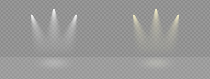 Spot lights shine to illuminate podium. Stage backdrop electric lightning. White ray or sun beam effect on transparent png vector. Music club projectors