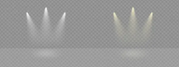 Vector illustration of Spot lights shine to illuminate podium. Stage backdrop electric lightning. White ray or sun beam effect on transparent png vector. Music club projectors