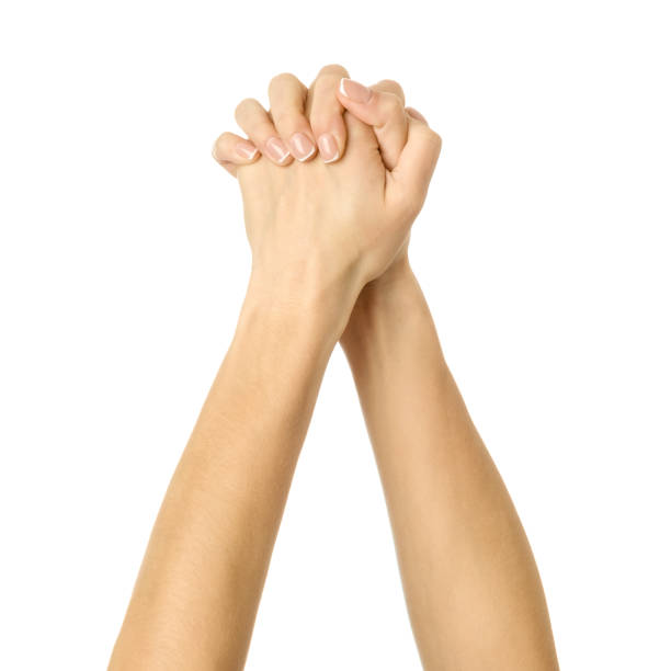 Clasped hands. Woman hand gesturing isolated on white
