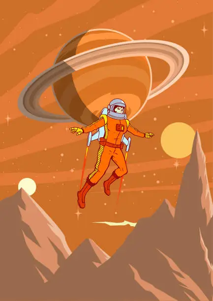 Vector illustration of Vector Retro Vintage Female Astronaut Exploring a Planet on a Jetpack Poster Stock Illustration