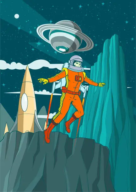 Vector illustration of Vector Retro Vintage Female Astronaut Exploring a Moon Surface on a Jetpack Poster Stock Illustration