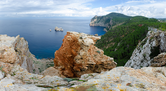 Beautiful sights in Ibiza Spain of the rugged coast, Mediterranean sea and charming architecture