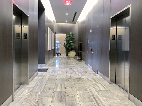Elevators in a lobby of a modern building