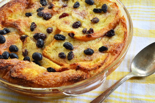 Bread and butter pudding with raisins straight from the oven