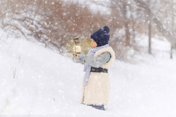 The boy is taking his teddy bear on a sledge to visit Santa Claus. he's going to celebrate the new year.