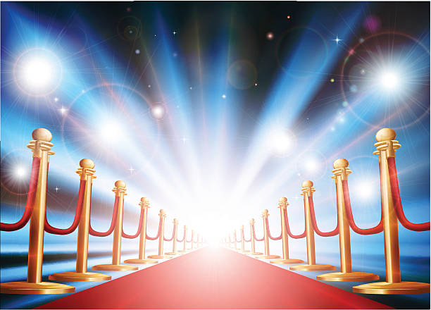 Grand entrance with red carpet and flash lights A grand entrance with red carpet, velvet rope and photographers flash lights going off. Vector file is eps 10 and uses transparency blends and gradient mesh paparazzi photographer illustrations stock illustrations