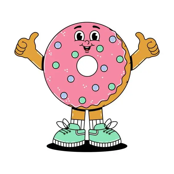 Vector illustration of Retro groovy cartoon character fast food donat. Vintage mascot with psychedelic smile and emotion. Funky vector illustration