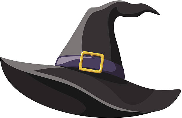 Black witches hat. Vector illustration. Vector black witches hat with gold buckle isolated on a white background. witchs hat stock illustrations