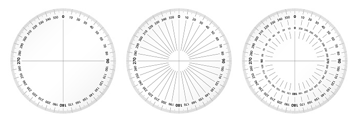 Protractor round ruler for architecture measure. Math tool for angle degree blueprint drawing. Circular scale gauge isolated on white background.