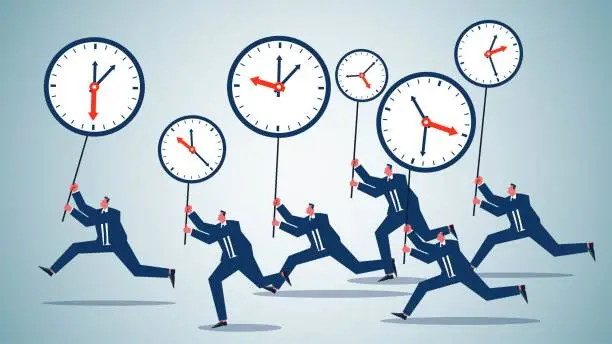 Vector illustration of Busy work, deadlines, time management, time and efficiency, getting things done in planned time, a bunch of businessmen running around with clocks