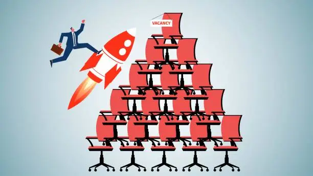 Vector illustration of Fast promotions, opportunities for advancement, special powers or strengths, good work experience to help the businessman move up quickly, the businessman stands on a rocket to quickly fly to the top of the office chair