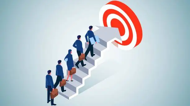 Vector illustration of Business or professional goals, moving toward success, accomplishing a mission or goal, challenges in life or career, isometric businessmen moving up the steps to the bullseye