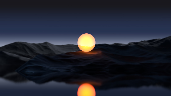 Glowing ball at dusk a mountain, rocky stones the horizon next to a lake in the dark. Abstract fantasy landscape, wallpaper. 3D render