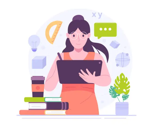 Vector illustration of Women with digital tablets and books