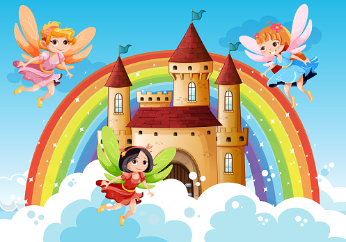 Faries flying on sky and castle background illustration