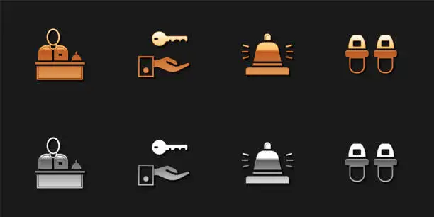 Vector illustration of Set Hotel reception desk, door lock key, service bell and slippers icon. Vector