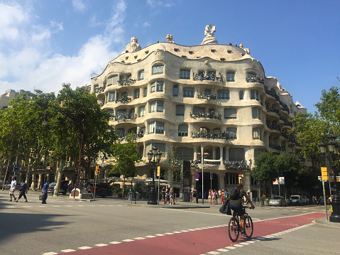 Barcelona, Spain: 07/27/2019  - view of Casa Milà, Modernist Building in Barcelona, Spain