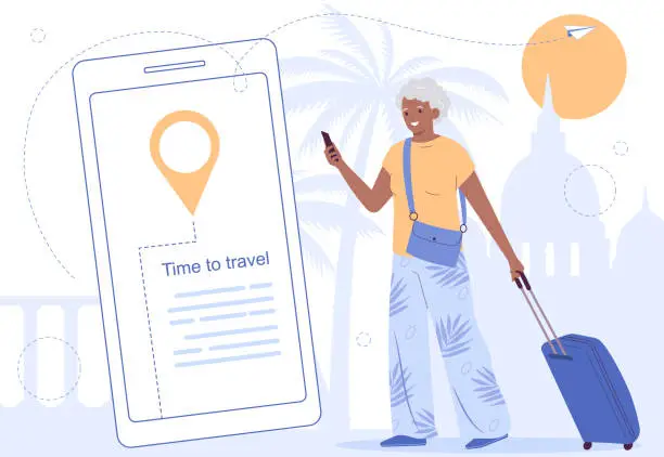 Vector illustration of Active older african american woman traveling. Gray-haired woman holding smartphone and luggage,