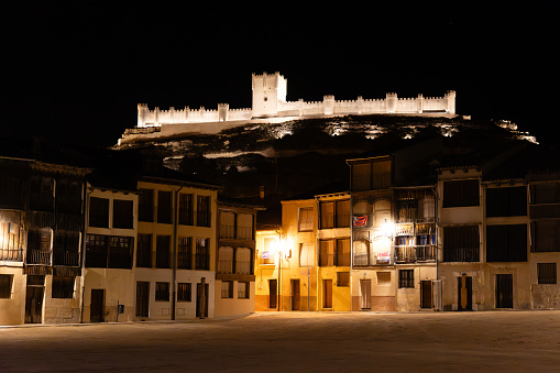 Peñafiel, Spain - October 12, 2023: old square, where bullfighting festivals are held, called Plaza del Coso, in the city of Peñafiel, Valladolid, Spain