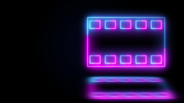 Neon film frame strip tape animation in 4K black background.Animated retro-style film icon film strip motion graphic in 3840x2160. Glowing media movie strip icon background stock footage.