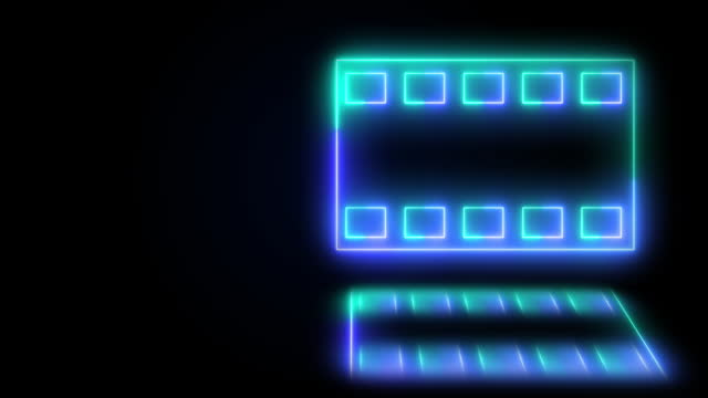 Neon film frame strip tape animation in 4K black background.Animated retro-style film icon film strip motion graphic in 3840x2160. Glowing media movie strip icon background stock footage.