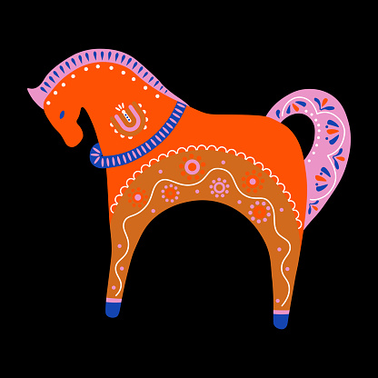 Red horse in folk style with ornamental patterns and flowers,  vector Illustration. Scandinavian, slavic style greeting card or invitation