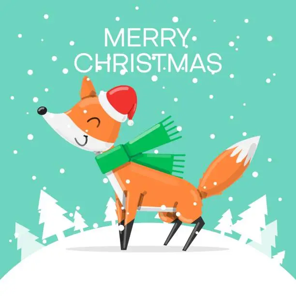 Vector illustration of Smiling face a fox for Christmas and New year. Cartoon cute little fox character in winter hat and scarf. Holiday banner, web poster, flyer, stylish brochure, greeting card, cover. Xmas background.