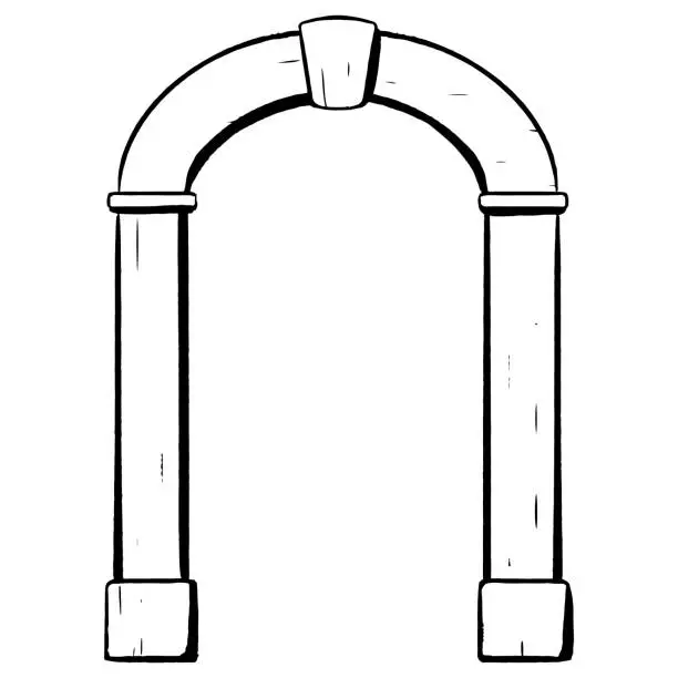 Vector illustration of Ink hand-drawn vector. Wooden arch serving as an entrance to a shop or restaurant. Antique exterior element. Open passage. Elegant flowerless wedding arch with oak texture. A ceremonial highlight