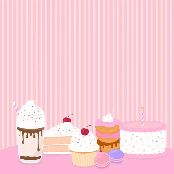 Vector illustration of Cake and bakery with striped background