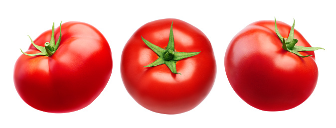 Set of red tomato with leaves isolated on white background