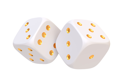 Two white rolling gambling dice isolated on a white background. Lucky dice. Board games. Money bets. 3D render illustration