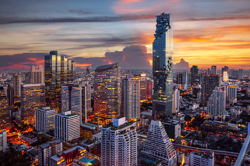 Morning sunrise view of Bangkok city in ratchaprasong area from window of Baiyok hotel room, Bangkok city, Thailand