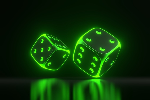Two rolling gambling dice with futuristic neon green lights on a black background. Lucky dice. Board games. Money bets. 3D render illustration