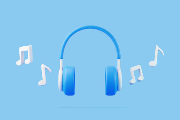 istock Cartoon headphones and melody note flying on blue background 1798024025