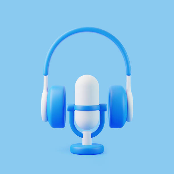 istock Cartoon microphone and headphones flying on blue background 1798024039