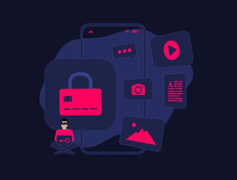 Cybersecurity Threat. Ransomware encrypting personal files. Hacker demands payment for decryption. Mobile fraud alert warning about online scams and malware spreading. Vector illustration on black