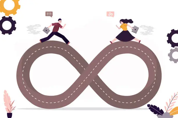 Vector illustration of Business people running along road in form of infinity sign. Business cycle, endless routine work, competition for success, daily work routine, constant, no motivation for change.