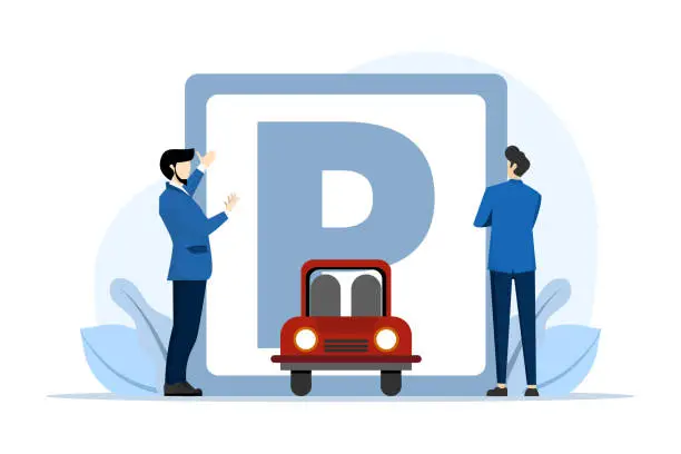 Vector illustration of Big road sign parking concept. little people looking for a parking space, parking the car. Public car parking in big city. Urban transportation. flat cartoon. Vector illustration on white background.