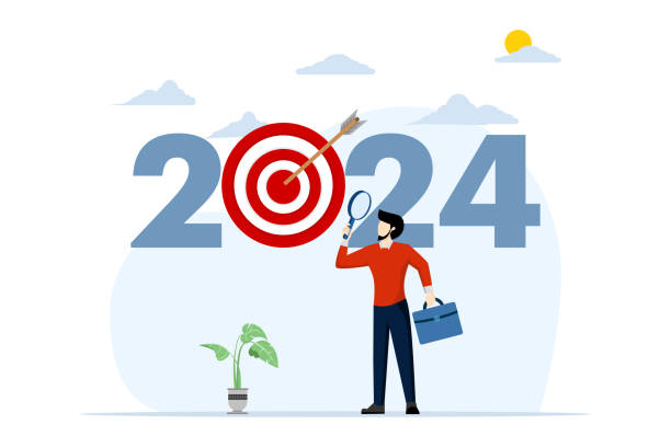 koncepcja analizy i opracowania strategii biznesowej w nowym roku 2024. przedsiębiorca zoom lupa wybór celów biznesowych lub celów w 2024 roku. planowanie i wyznaczanie celów biznesowych. - finance data analyzing investment stock illustrations